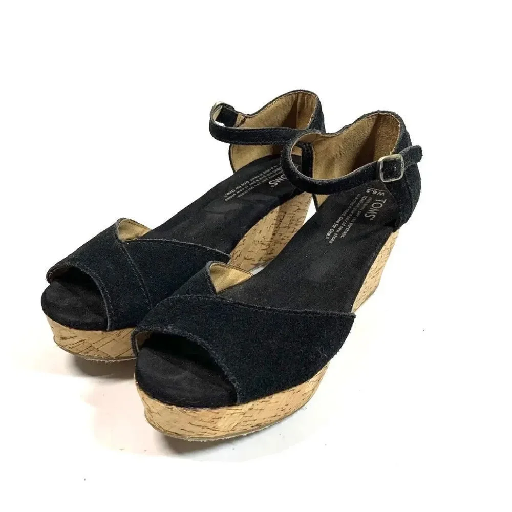 Toms Black Suede Leather Cork Wedge Open Toe Platform Sandals Women Size 6.5